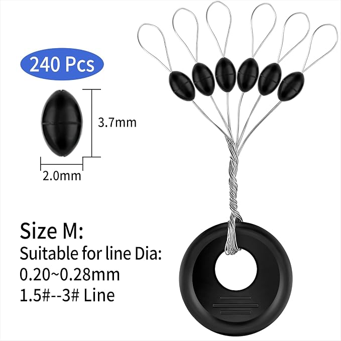 240 Pieces Middle-Sized Fishing Rubber Bobber Beads Stoppers 6 in 1 Black Float Sinker Stops