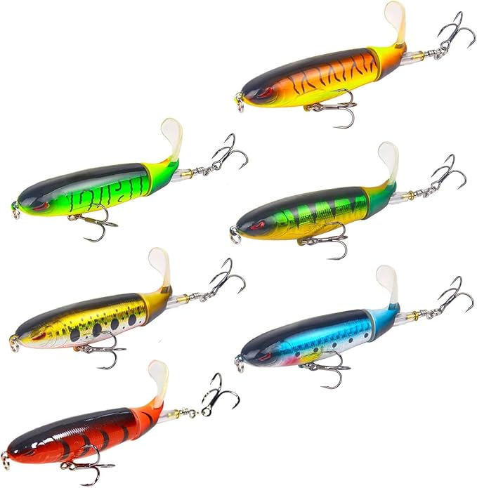 Whopper Fishing Lure for Bass：Popper Top Water Fishing Lures with Floating Rotating Tail Barb Treble Hooks Saltwater Freshwater Plopping Lures Kit
