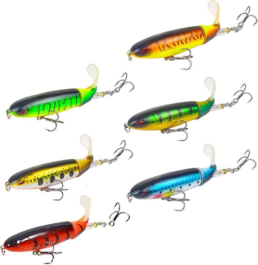 Whopper Fishing Lure for Bass：Popper Top Water Fishing Lures with Floating Rotating Tail Barb Treble Hooks Saltwater Freshwater Plopping Lures Kit