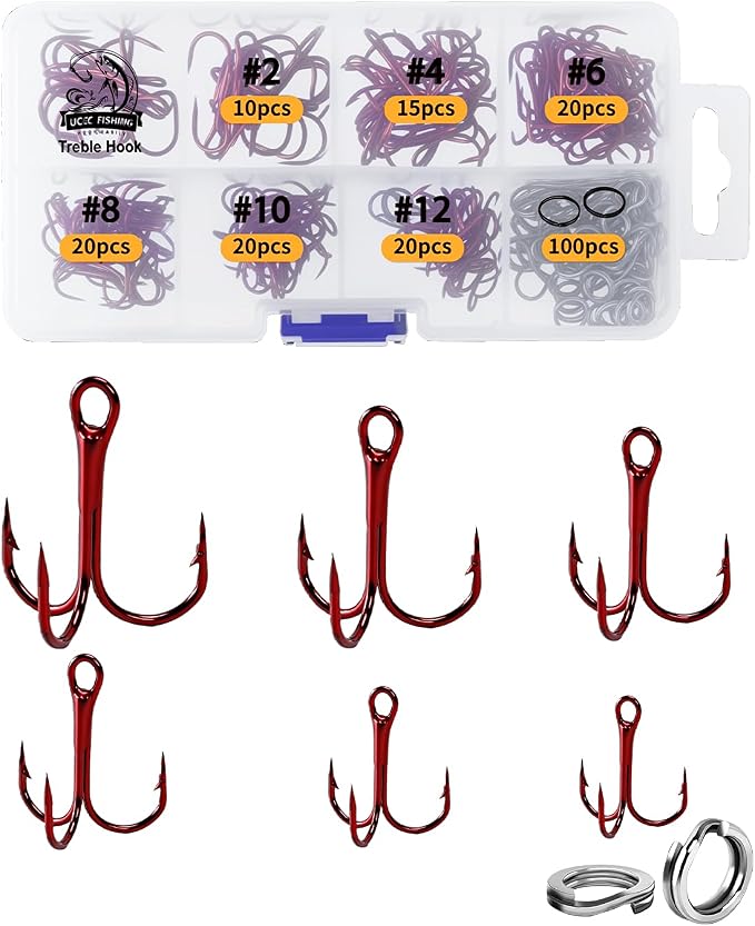 UCEC Fishing Hooks Treble Hooks Kit for Saltwater Freshwater, High Carbon Steel Strong Sharp Round Bend for Catfish Trout Hard Baits Lures, Size #1#2#4#6#8#10#12#14 110/50/210 Pack with Split Rings