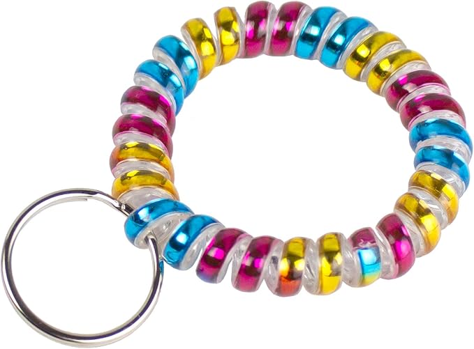 Lucky Line 2” Diameter Spiral Wrist Coil with Steel Key Ring, Flexible Wrist Band Key Chain Bracelet, Stretches to 12”, Rainbow, 5 Pack (4100905)