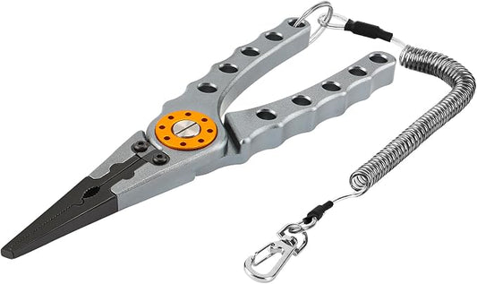 Booms Fishing X1 Aluminum Fishing Pliers Saltwater, Surf Fishing Tackle Kit, Fishing Multitool Hook Remover Braided Fishing Line Cutting and Split Ring with Coiled Lanyard and Sheath