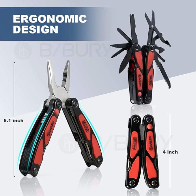 BIBURY Multitool Pliers, 14 in 1 Multi Tool with Flashlight, Scissors, Knife, Stainless Steel Pocket Knife Multifunctional EDC Tool for Camping, Survival, Fishing, Hiking, Hunting, Gifts for Men