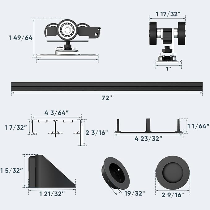 JUBEST 6FT Heavy Duty Bypass Door Hardware with Finger Pulls,Sturdy Aluminum Sliding Closet Door Track for 2 door System,Quietly and Smoothly,Fit Door Thickness 1 3/8" or 1 3/4",Easy to Install, Black
