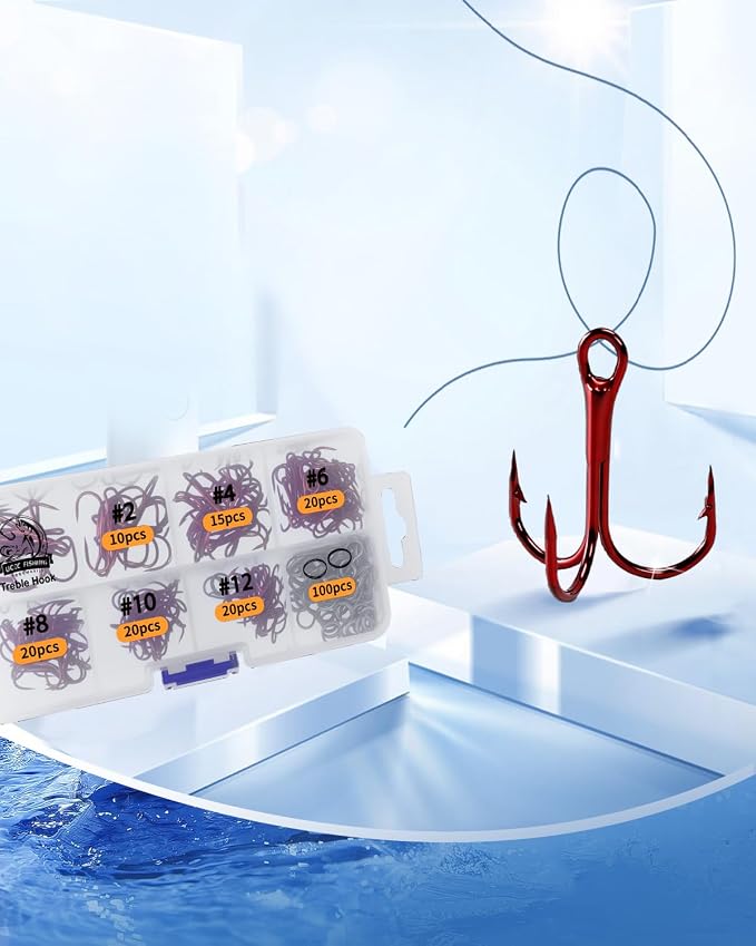 UCEC Fishing Hooks Treble Hooks Kit for Saltwater Freshwater, High Carbon Steel Strong Sharp Round Bend for Catfish Trout Hard Baits Lures, Size #1#2#4#6#8#10#12#14 110/50/210 Pack with Split Rings