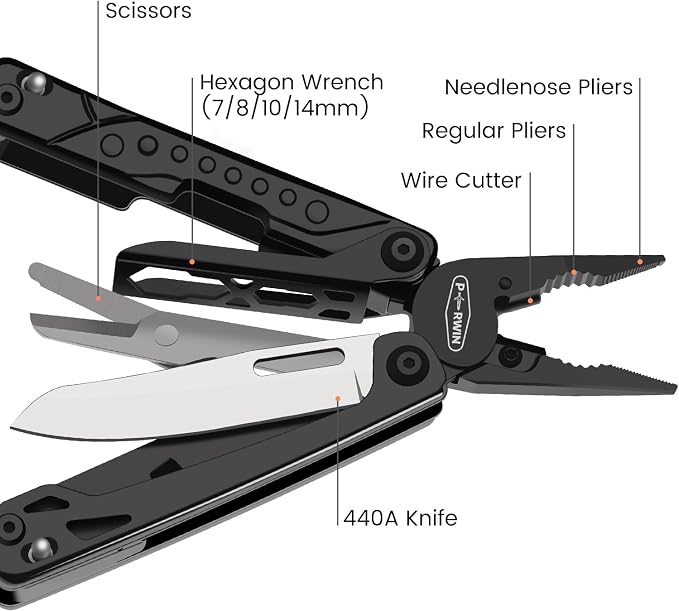 PERWIN Multitool, 20-in-1 Stainless Steel Multi Tools Pliers with Nylon Sheath, Safe Locking, Professional Multi-Tool for Survival, Camping and Hunting, Black