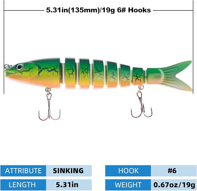 Bass Fishing Lures, Jointed Swimbait Glide Bait for Bass, Trout & Pike – Lifelike Fishing Lure with 3D Eyes, Built-in Rattle Chamber, Triple Hook – Realistic Fishing Lures for Freshwater & Saltwater