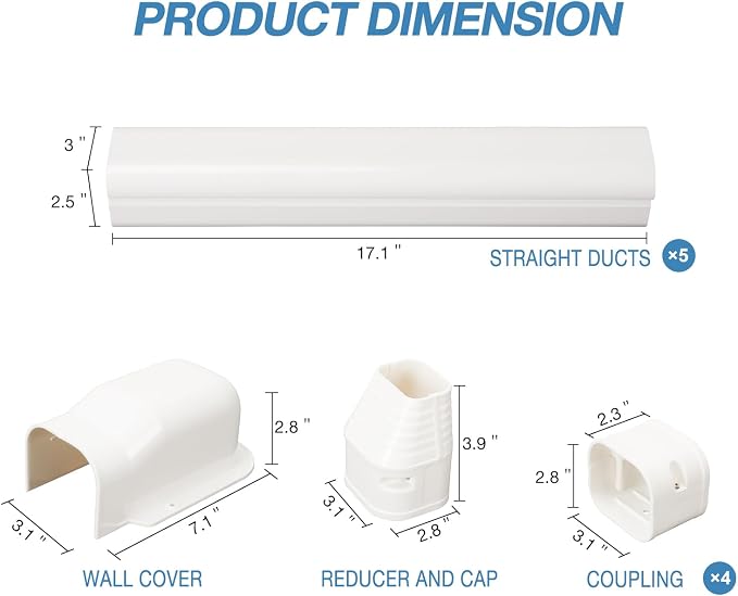 3" W 7.5Ft L Line Set Cover Kit for Mini Split Air Conditioners Decorative PVC Slim Line Cover for Central AC & Heat Pumps Systems Tubing Cover