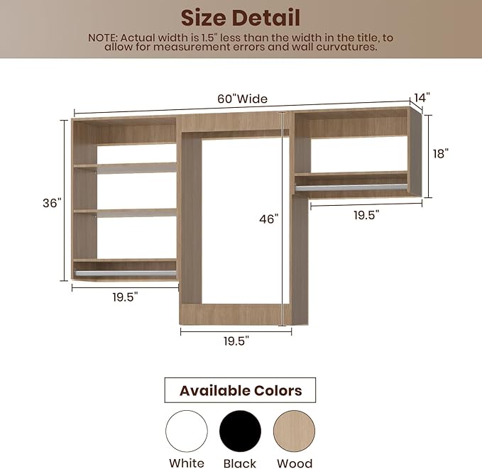 ROOMTEC Modular Closet System, 60" Closet Organizer with Hanging Rods, Wall-Mounted Wooden Tower for Walk-In Closets, Wardrobe Storage Kit, Wood
