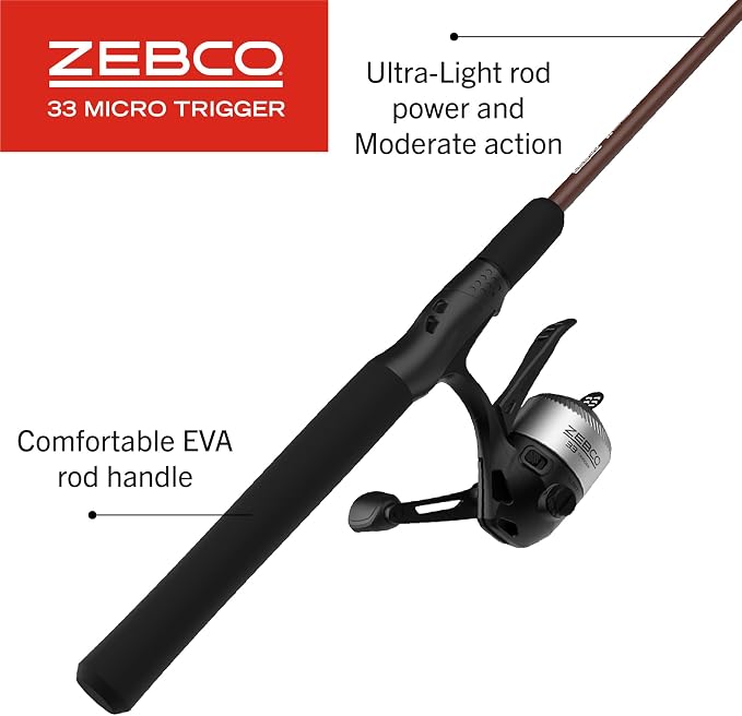Zebco 33 Micro Trigger Spincast Reel and Fishing Rod Combo, 6-Foot 6-Inch 2-Piece Telescopic Rod, Size 10 Reel, 30-Piece Trout Magnet Tackle