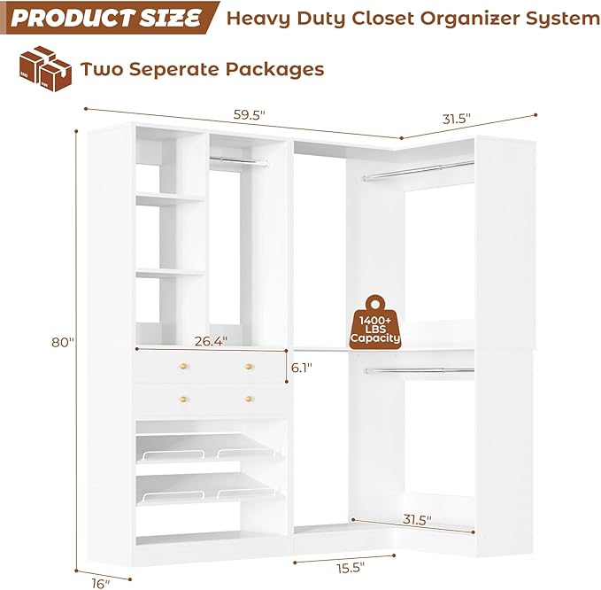 Closet System with 2 Drawers, 3 Hanging Rods, 59.5" * 31.5" Closet Organizer System with Corner Tower, Reversible L Shaped Walk-in Closet System, Corner Closet System Set of 2, White