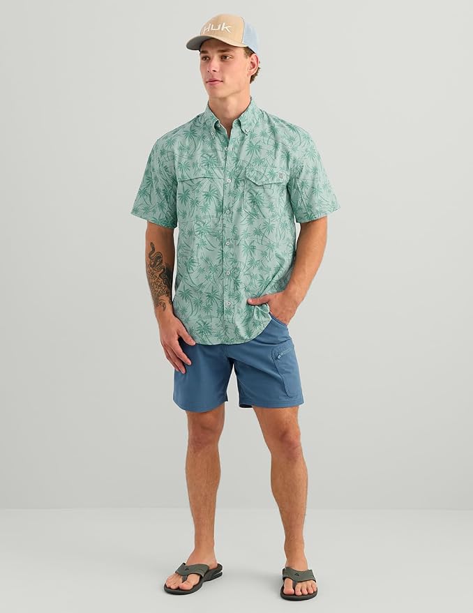 HUK Men's Tide Point Kc Scott Original Artwork Short Sleeve Shirt, Fishing Button Down