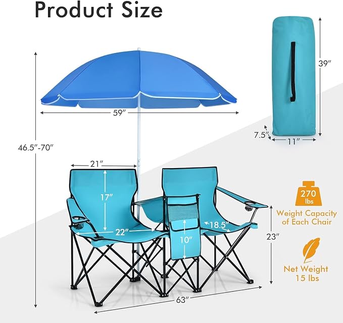 Tangkula Double Camping Chairs with Umbrella, Portable 2 Seat Folding Camp Chair with Cooler Bag, Beverage Holder, Carrying Bag, Foldable Lawn Chair for Outside, Fishing, Picnic, Beach