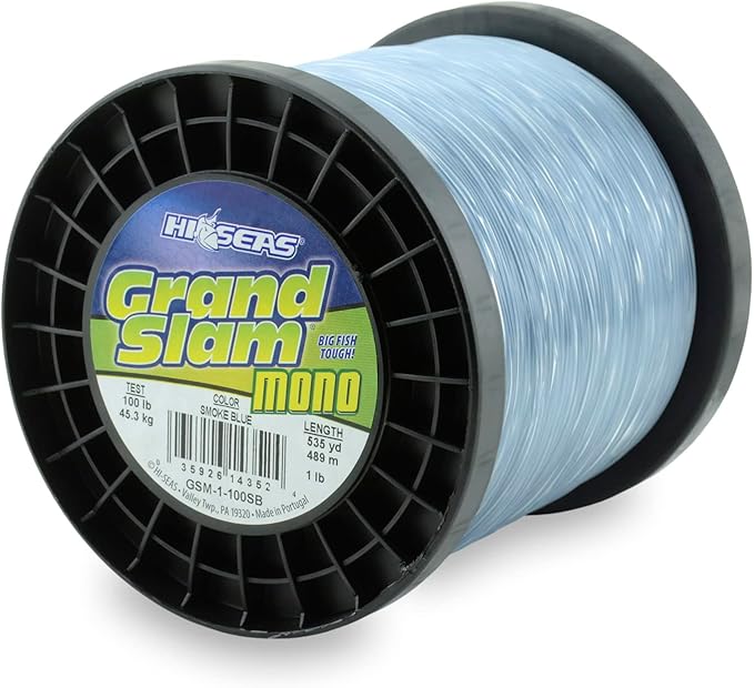 HI-SEAS Grand Slam Monofilament Fishing Line - Strong & Abrasion Resistant in Clear, Pink, Green, Smoke Blue, Fluorescent Yellow Freshwater & Saltwater - 1 lb Spool