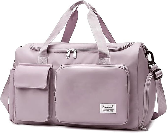 Suruid Travel Duffel Bag with Shoes Compartment Sports Gym Bag with Dry Wet Separated Pocket for Men and Women, Overnight Bag Weekender Bag Training Handbag Yoga Bag - Brown Pink