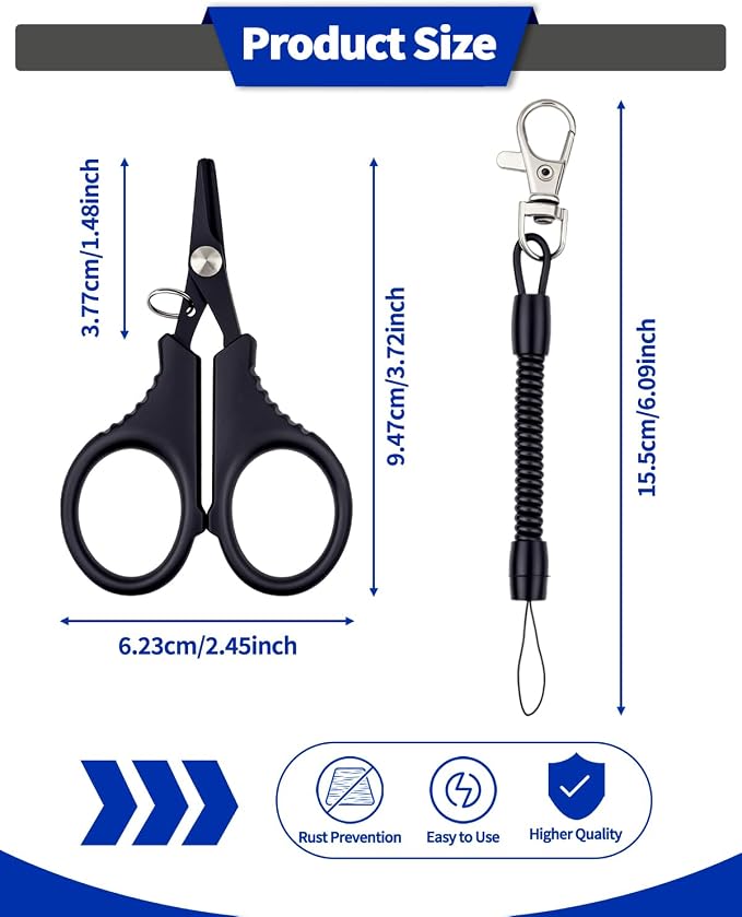 3 PCS Fishing Scissors, Stainless Steel Fishing Line Cutter &braided Line Cutter, Cutters with Titanium Coating-Fishing with Hook and Retractable Coil Lanyards Fishing Accessories (Black)