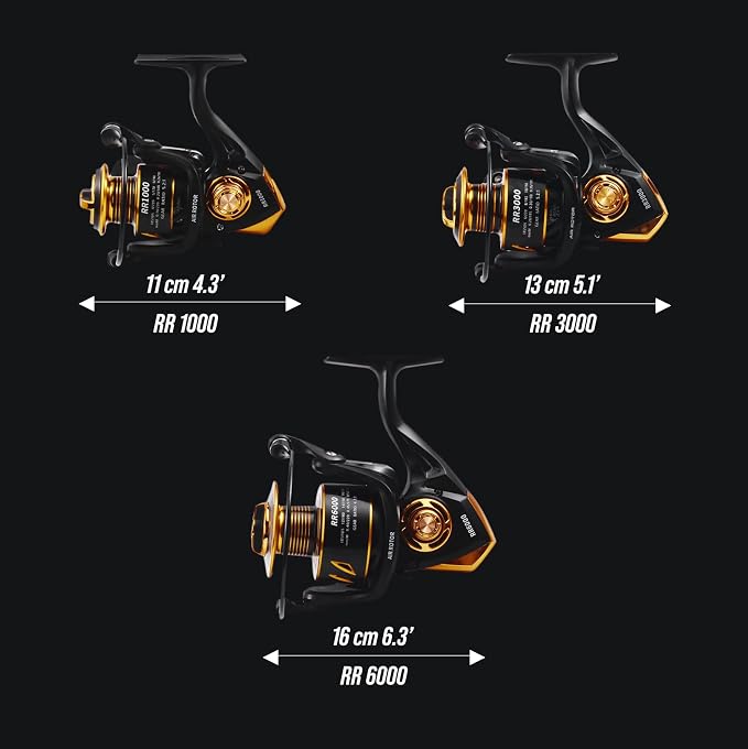 Rigged and Ready RR spin fixed-spool fishing reels 4 size options 1000, 3000, 5000, 6000. Freshwater saltwater smooth strong durable. Spare spool + bag. Spinning, Carp, Bass, Coarse, Sea & LRF angling