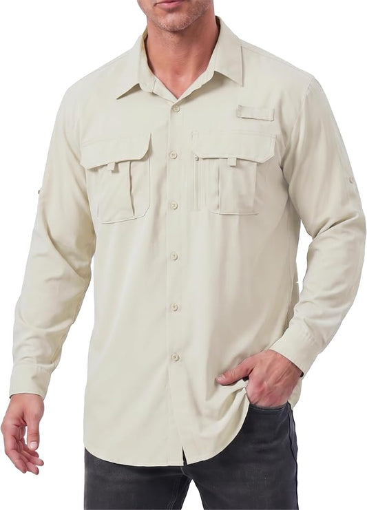 Men's Long Sleeve Fishing Shirts UPF 50+ Sun Protection Quick Dry Shirts Button Down Shirt for Hiking Camping