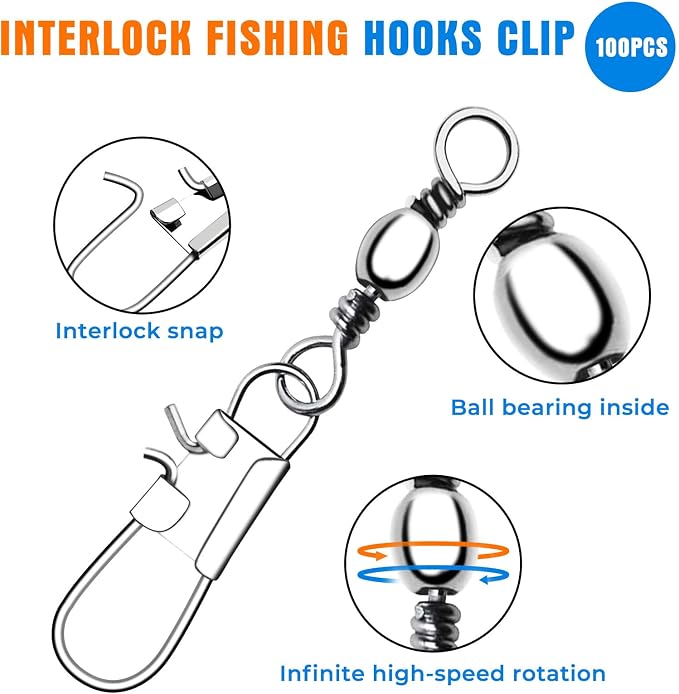 100 PCS Fishing Swivels Snap,Stainless Steel Swivel Fishing Line Connector,Interlock Fishing Hooks Clip,Barrel Snap Swivels for Freshwater and Saltwater Fishing