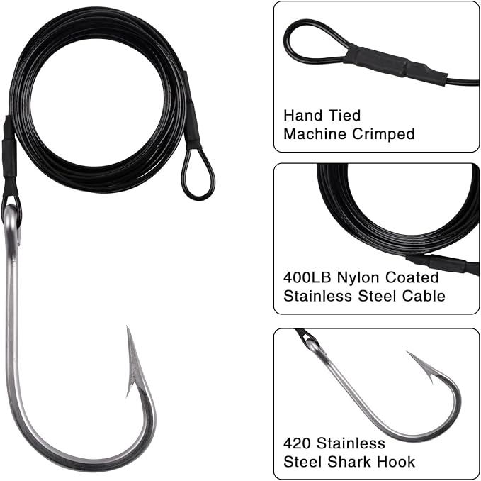 Fishing Shark Rigs Surf Fishing Stainless Steel Cable Leader Wire with Tuna Shark Hooks Saltwater Fishing Deep Sea Hooks Big Fish Shark Leader Rig