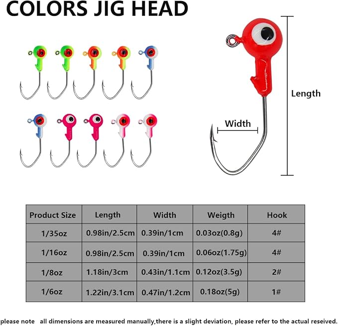 50pcs Fishing Jig Head Hooks kit, Round Ball Fishing Jigs with 3D Eyes Carbon Steel Hooks for Soft Lures Bass Freshwater Saltwater 1/8oz 1/6oz 1/4oz 1/16oz 1/35oz
