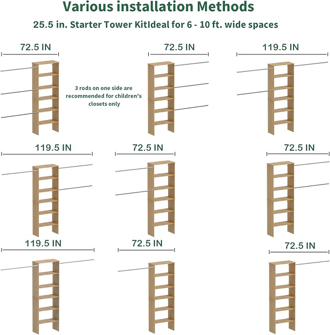 ROOMTEC Closet System, 25.5" Wide Wall-Mounted Closet Organizer Kit with Wood Storage Tower and 3 Hanging Rods, Wardrobe Closet System for Walk-In Closets, Wood