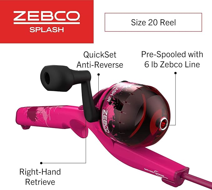 Zebco Splash Kids Spincast Reel and Fishing Rod Combo, 29" Durable Floating Fiberglass Rod with Tangle-Free Design, Oversized Reel Handle Knob, Pre-Spooled with 6-Pound Zebco Fishing Line