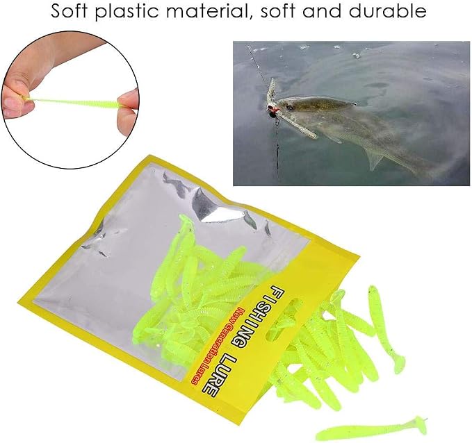 Tbest 50 Pcs 5cm Soft Fishing Lures, Plastic Fishing Bait T-Tail Grub Worm Baits Fish Tackle Accessory 9 Colors