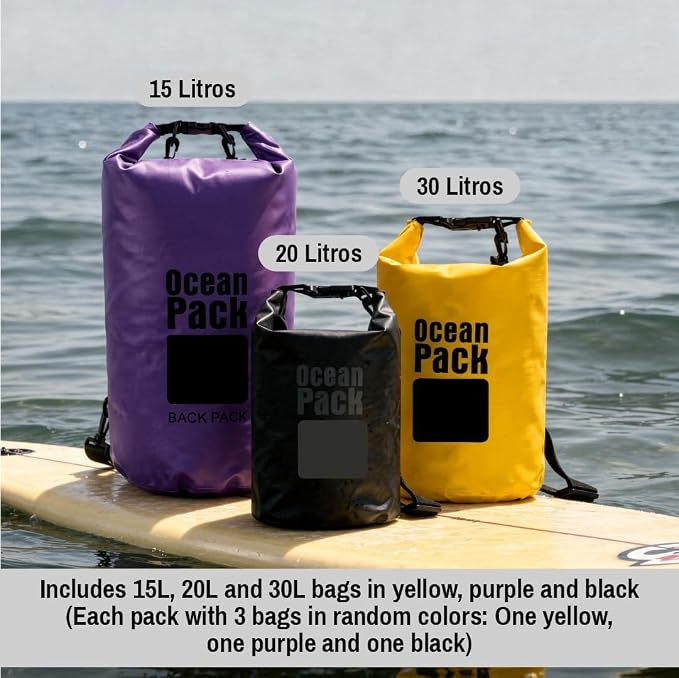 Waterproof Dry Bag Set of 3 – Roll Top Waterproof Bags 15L 20L 30L – 500D PVC Floating Dry Bags for Kayaking, Camping, Beach and Travel – Lightweight Compression Design (yellow, black, and purple)