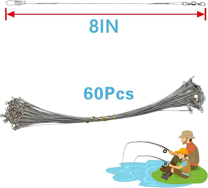 Benykyo Fishing Leader 40 lb High Strength Fishing Leaders with Swivels and Snaps，Steel Fishing Leaders Freshwater & Saltwater，Silver 60Pcs