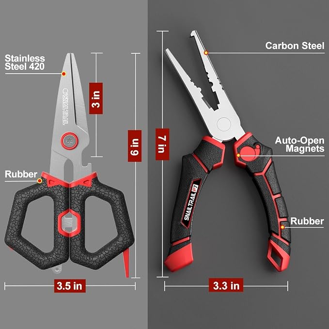 SNAIL TRAIL 7" Fishing Pliers & 6" Scissors Kit, Saltwater Hook Remover Tool Set, Serrated Blades Braided Line Cutter, Needle Nose Split Ring Fish Gear, Crimping Nipper for Fly, Fishing Gifts for Men