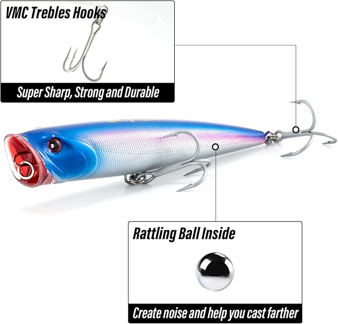 Dr.Fish Popper Saltwater Fishing Lures, 4/5.5 Inches GT Popper VMC Treble Hooks Surf Fishing Lures for Bass Striper Pike Salmon Offshore