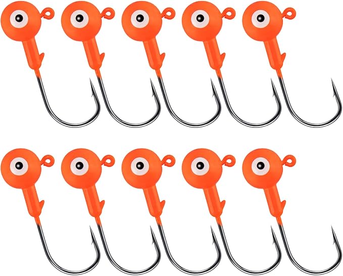 Alwonder 10-Pack Round Fishing Jig Heads, Bass Ball Jigs Hooks 3D Eyes High Carbon Steel 1/8-1/2OZ Pompano Jig Head Saltwater Freshwater Jigs Heads for Fishing Pompano Bass Trout Walleye Striper