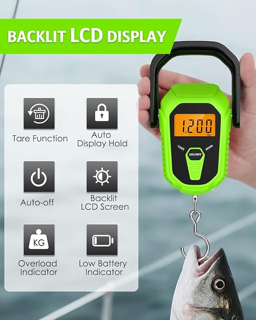 Digital Fishing Scale with Lip Gripper, 110lb/50kg Waterproof Fish Weight Scale with Tape Measure, Hook & Clamp, LCD Display & Hanging Design, Ideal Fishing Gift for Men Anglers