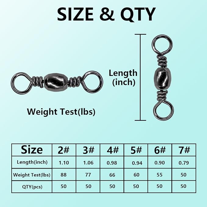 Fishing Barrel Swivels Kit, 300pcs Stainless Steel Rolling Bearing Snap Connector for Saltwater Freshwater Fishing#2#3#4#5#6#7