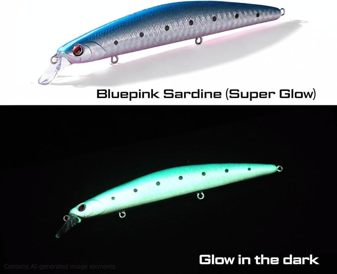 LITTMA California Surf Fishing Lures Saltwater Jerkbait Crankbait Surf Minnow 110/125 - Metallic Sardine Super Glow & Pearl Pink Belly Glow Lures for Halibut & Striper Fishing