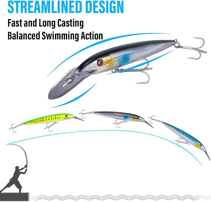 Dr.Fish Deep Diving Trolling Lures 13-20ft Saltwater Hard Fishing Lures 7.5" Deep Diving Jerkbait VMC Treble Hooks Pencil Twitch Bait Heavy Duty Offshore Plugs Striper Mackerel Tuna