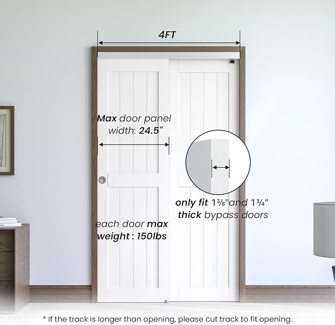 SMARTSTANDARD 48"/4FT Bypass Sliding Door Hardware Kit for Cabinet Closet, Aluminum Alloy Hardware with Finger Pull, for 2 Door System, Smoothly and Quietly, Fit 24.5" Wide Panel, No Door