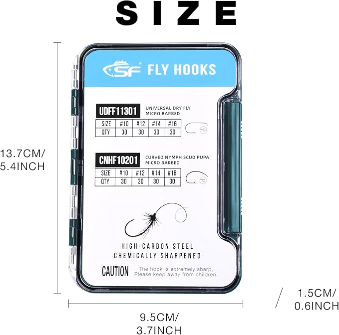 SF 10# 12# 14# 16# Fly Tying Hooks Kit Assortment Micro Barbed High Carbon Steel Standard Dry Curved Nymph Scud Pupa Fly Fishing Hook 240Pcs with Waterproof Magnetic Hook Box