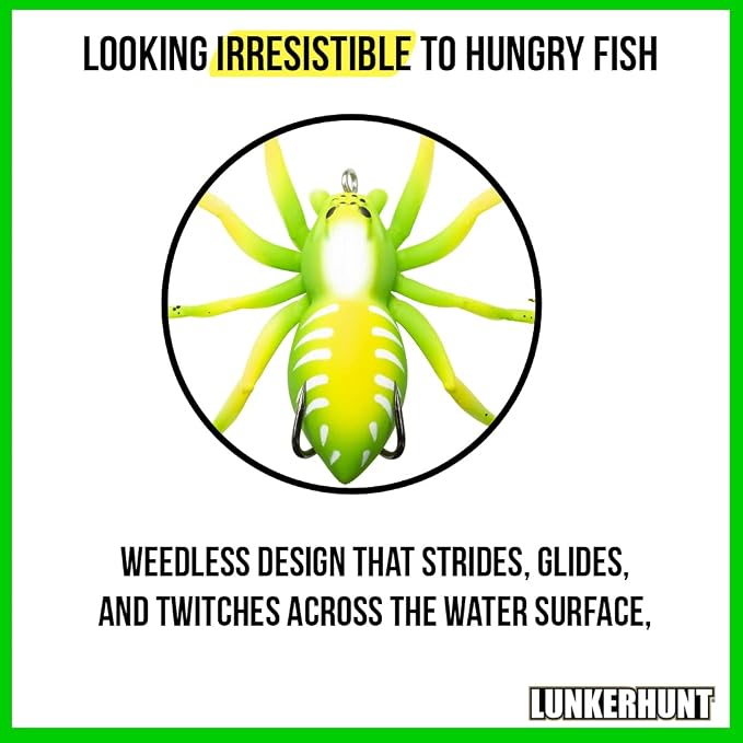 LUNKERHUNT Phantom Spider Lure for Bass Fishing (2.5 Inch) | Topwater Spider Fishing Lure with Natural Walking Action | Soft Hollow Body Weedless Hooks for Trout and Pike