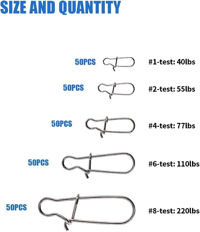 Glarks 250Pcs #1#2#4#6#8 Strong Stainless Steel Duo Lock Snaps Nice Swivel Slid Rings Fishing Lure Hook Connector Freshwater Saltwater Fishing Gear Accessories Assortment Kit - Test: 40LB-220LB
