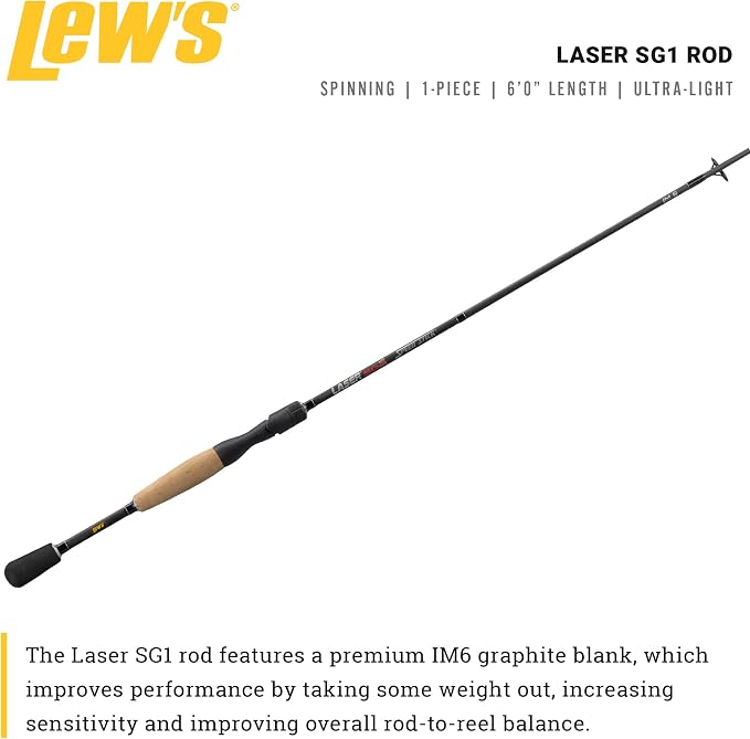 Lew's Laser SG1 Spinning Fishing Rod, IM6 Graphite Blank, Stainless Steel Guides, Split-Grip Cork Handle with EVA Butt