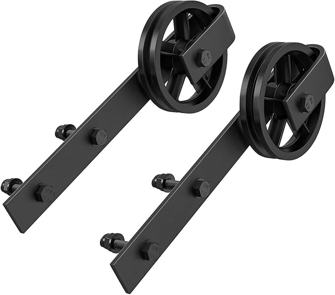 WINSOON Black Antique Hangers Rollers Kit Include Floor Guide/Door Stoppers/Screw/Anti-Jump Block, Sliding Barn Door Hardware Hangers Rollers 2pcs (J Shape Bending Design)