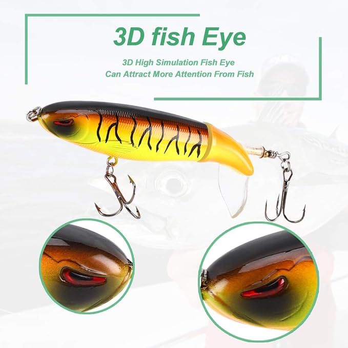 6PCS Whopper Fishing Lure, Bass Popper Lure kit, Topwater Fishing Lures with Rotating Tail with Storage Box, Floating Popper for Freshwater Saltwater