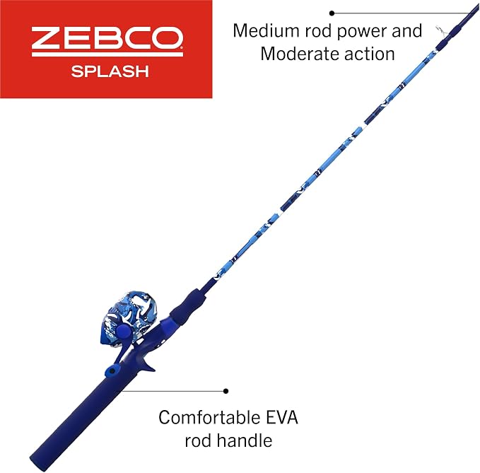 Zebco Splash Spincast Reel and Fishing Rod Combo, Fiberglass Rod, Ball Bearing System, All Metal Gears, 8-Pound Line