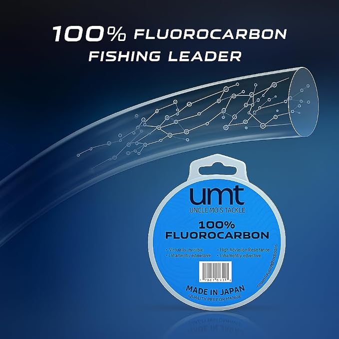 UMT Ghost Fluorocarbon Fishing Line Invisible Leader for Saltwater and Freshwater 20lb, 30lb, 40lb Options 55 Yards Abrasion Resistant, Ultra Durable