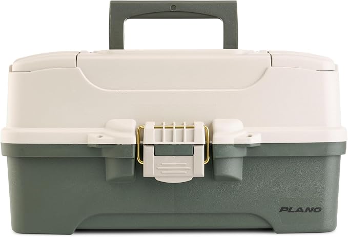 Plano Three-Tray Tackle Box, Green/Tan, Rust-Proof Brass Latch, Top-Access Tray with Deep Storage, Made in the USA, Portable Fishing Gear Storage Organizer