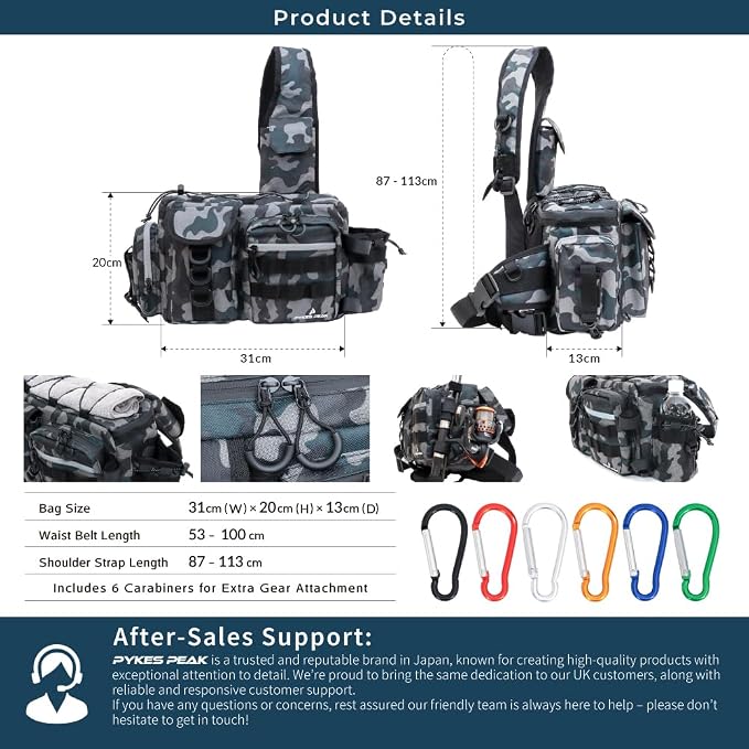 PYKES PEAK Fishing Bag | Waterproof Tackle Bag with Large Capacity | Includes 6 Carabiners | Versatile Fishing Shoulder Bag | Black | L Size - Designed in Japan