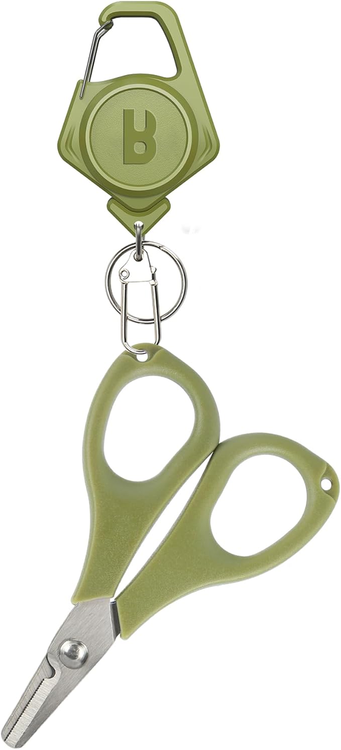 Booms Fishing Scissors for Braided Line: Braided Line Cutter with Zinger Retractor for Saltwater and Freshwater - Micro Serrated Shears Multi-Function Fishing Snips, S01 3.9" Green