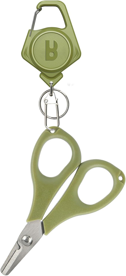 Booms Fishing Scissors for Braided Line: Braided Line Cutter with Zinger Retractor for Saltwater and Freshwater - Micro Serrated Shears Multi-Function Fishing Snips, S01 3.9" Green